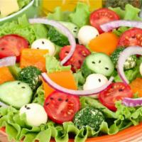 House Salad · A fresh medley of tomato, cucumber, roasted peppers, black & green olives, and shredded mozz...