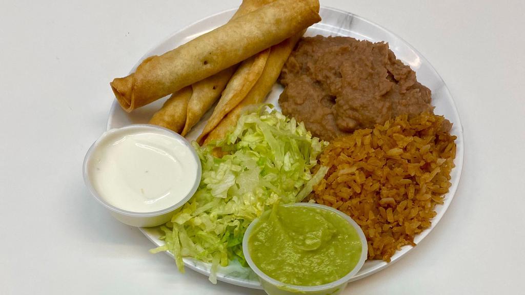 Flautas Combo · Chicken or beef, lettuce, sour cream, guacamole, served with rice and beans.