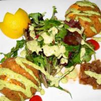 Crab Cakes · With field greens, caramelized onions, roasted peppers aioli & cilantro aioli