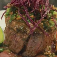 Angus Filet Mignon · With cabernet sauce topped with gorgonzola, roasted sweet garlic herb Butter or topped with ...