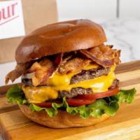 Double Bacon Cheeseburger · 1/2 lb fresh, organic, grass fed California beef with double American cheese and bacon. Serv...
