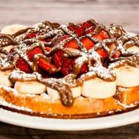 Strawberry Waffle · topped with powdered sugar, side syrup. 🅥=Vegetarian