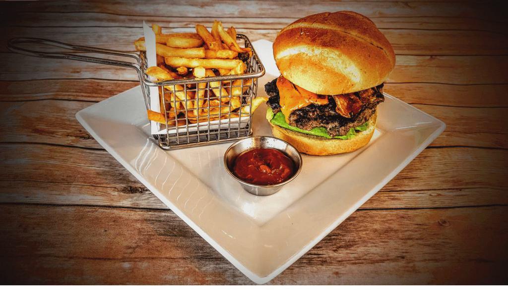 Chipotle Bacon Burger · 1/2 lb angus beef, chipotle aioli, bacon, gouda cheese, avocado,  side of ketchup, side of fries. (consuming raw or undercooked meats may increase your risk of foodborne illness, especially if you have certain medical conditions)