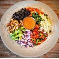 Cowboy Salad · baby gems, romaine, chipotle chicken, avocado, bell pepper, red onion, black beans, cilantro...