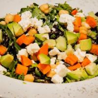 Palo Alto Chopped Salad · chopped mixed greens & romaine lettuce, carrots, avocado, cucumbers, organic quinoa, garbanz...
