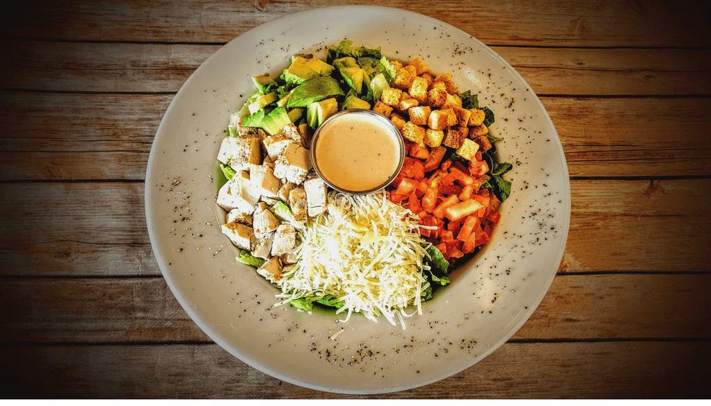 Caesar Salad · romaine, grilled chicken breast, tomato, avocado, parmesan cheese, croutons, caesar dressing.