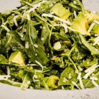 Arugula & Avocado Salad · arugula, avocado, organic quinoa, pumpkin seeds, parmesan cheese, lemon vinaigrette. 🅥=Vege...