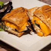 Chicken Chipotle Panini · spicy chipotle chicken, gouda cheese, chipotle aioli, mixed greens, side of mixed green salad