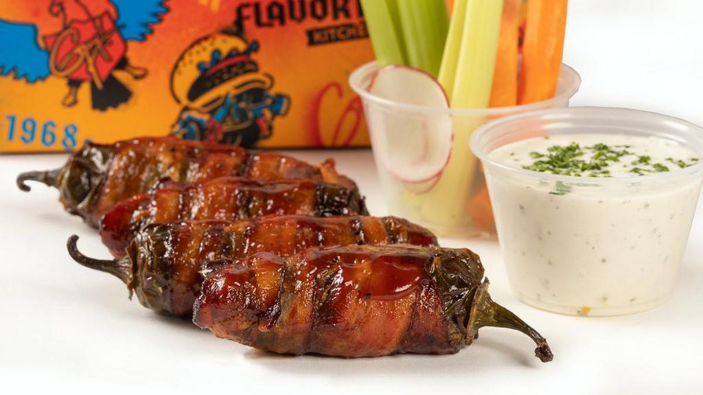 Jalapeño Pig Poppers · Bacon-wrapped, fire roasted jalapeños, stuffed with andouille, pimento cream cheese, glazed in Bourbon Brown Sugar BBQ sauce