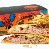 The Crazy Cuban Sandwich · Smoked pork, ham, Swiss cheese, pickles, mustard, Donkey sauce, pressed hoagie, crispy potat...