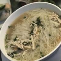 #18. Pho Ga (Chicken Noodle Soup) · Hand shredded chicken breast with jalapeno, basil, bean sprouts, and lime.