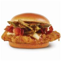 Hot Honey Chicken Sandwich (Classic) · A juicy, lightly breaded crispy chicken breast topped with pepper jack cheese, Applewood smo...