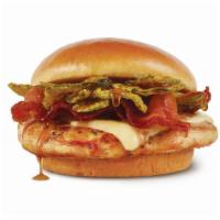 Hot Honey Chicken Sandwich (Grilled) · Herb-marinated grilled chicken breast topped with pepper jack cheese, Applewood smoked bacon...