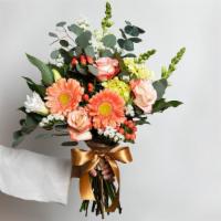 Precious Peach Medium Bouquet · Roses, gerberas, double lilies, mini green hydrangea, snapdragons, hypericum, fillers and gr...
