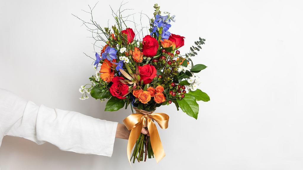 Colorful Blooms Large Bouquet · Roses, spray roses, gerberas, delphinium, hypericum berries, fillers and greens.