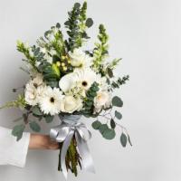 Whispery White Medium Bouquet · Roses, spray roses, snapdragons, gerberas, lilies, mini hydrangeas, callas, fillers and gree...