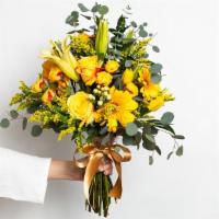 Hello Yellow Medium Bouquet · Roses, lilies, gerberas, tulips, fillers and greens.