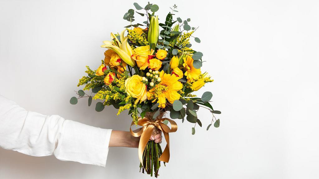 Hello Yellow Medium Bouquet · Roses, lilies, gerberas, tulips, fillers and greens.