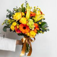 Hello Yellow Large Bouquet · Roses, spray roses, lilies, gerberas, calla lilies, mini green hydrangea, fillers and greens.
