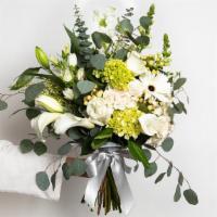 Whispery White Large Bouquet · Roses, spray roses, gerberas, double lilies, mini hydrangeas, callas, snap dragons, fillers ...