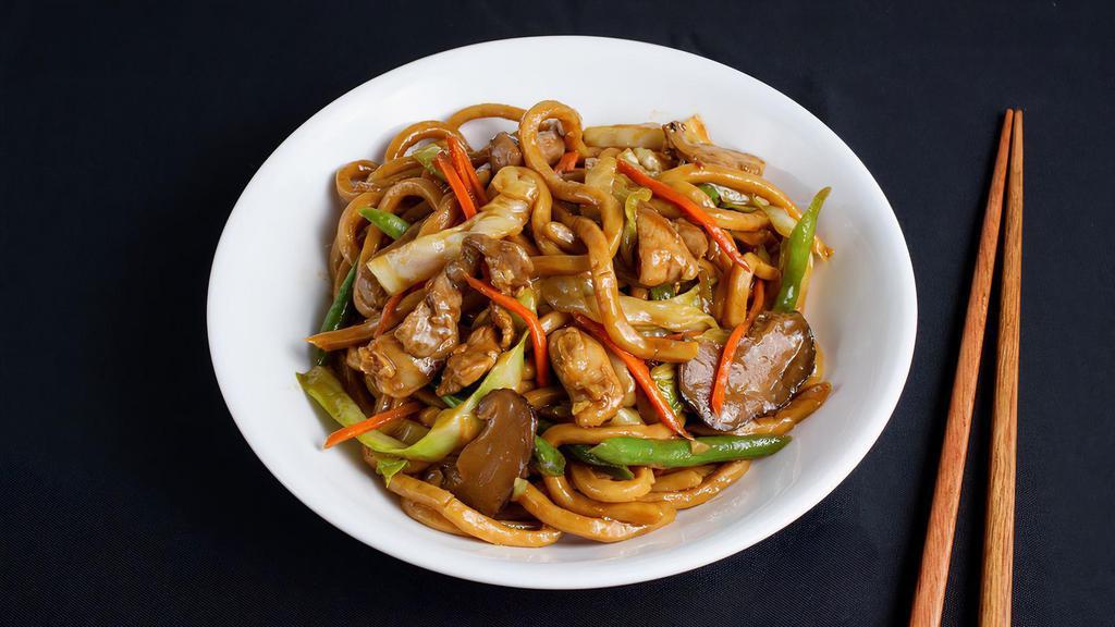 Pork, Chicken, Beef Subgum Shanghai Fat Noodles · Shanghai style, thick-chewy noodles stir-fried with lean pork, chicken, cabbage, and shiitake medley. Contains gluten, soy, and eggs. We cannot make substitutions.
