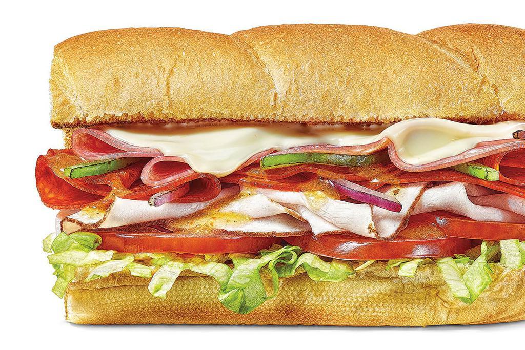 Turkey Italiano · Tender oven roasted turkey with genoa salami, spicy pepperoni, melty American cheese. All on freshly baked bread with your favorite veggies and topped with our MVP Parmesan Vinaigrette™ to make it a sandwich like no other.