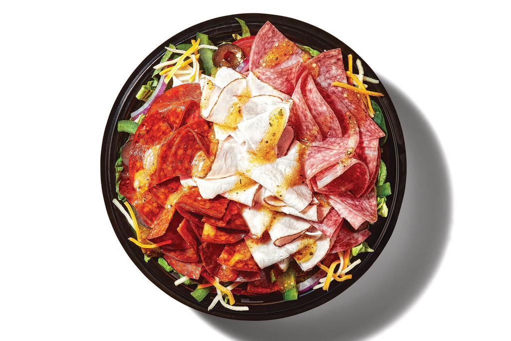 Turkey Italiano (570 Cals) · Oven Roasted Turkey, with an Italian kick. We add in pepperoni and Genoa Salami, plus Monterey cheddar cheese. You add in your favorite veggies and fixings. Mangia.