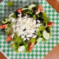 Greek Salad
 · Romaine lettuce, feta cheese, tomato, artichoke heart, olive, cucumber, carrot, oregano.