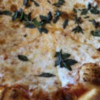 Margherita · cheese & fresh oregano. Served with pizza sauce and mozzarella cheese.