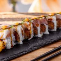 Old County Roll · Shrimp Tempura, Spicy Tuna Roll Topped with Seared Hamachi, Jalapeño, Unagi Sauce and Spicy ...