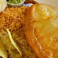 Chile Relleno Dinner Platter · 1 piece. Chile relleno stuffed with cheese topped with sauce and cheese. Side of rice & bean...