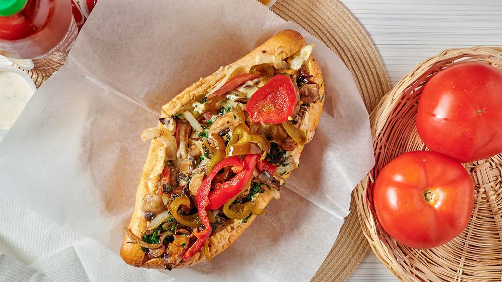 Zesty Veggie Sandwich (Half) · Roasted chili peppers, cheese, tomatoes, mushrooms, and whole roasted cloves of garlic and choice of grilled onions, hot and/or sweet peppers.