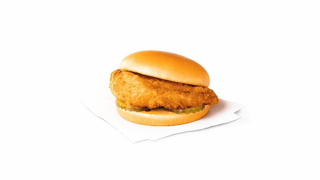 Chick-Fil-A® Chicken Sandwich · A boneless breast of chicken seasoned to perfection, freshly breaded, pressure cooked in 100% refined peanut oil and served on a toasted, buttered bun with dill pickle chips. Also available on a multigrain bun.