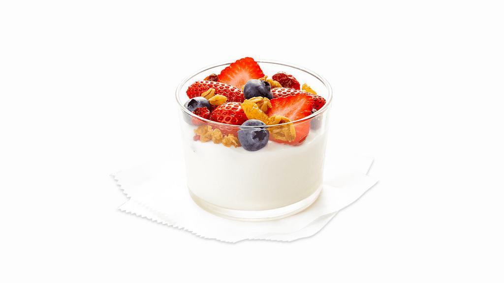 Greek Yogurt Parfait · Creamy, organic vanilla bean Greek yogurt with fresh berries and your choice of toppings.