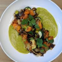 Vegan Hash · roasted sweet potatoes, avocado, sauteed onion, mushroom, zucchini, thyme, cilantro ginger v...