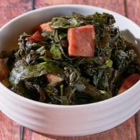 Bacon Braised Kale · Kale in dashi and applewood smoked bacon. Gluten-free. We cannot make substitutions.