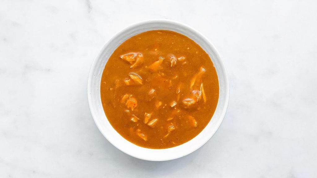 Chicken Tortilla Soup · A pureed, tortilla thickened soup of tomatoes, roasted tomatillos, green chiles, garlic, celery, onion, and cumin.  . (120cal/250cal). gluten-free