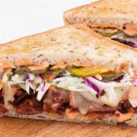 Mrs. Goldfarb's Unreal Reuben · plant-based corned beef from Unreal Deli, havarti cheese, apple & celery root slaw, housemad...