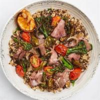 Chimichurri Steak & Shishito Bowl · Roasted, carved steak over ancient grains tossed with caramelized onion jam & chimichurri, b...