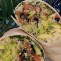 Power Wrap  (Vegan) · Quinoa & black bean salad, avocado, spinach, tomato, cucumber, onion, shredded lettuce & veg...