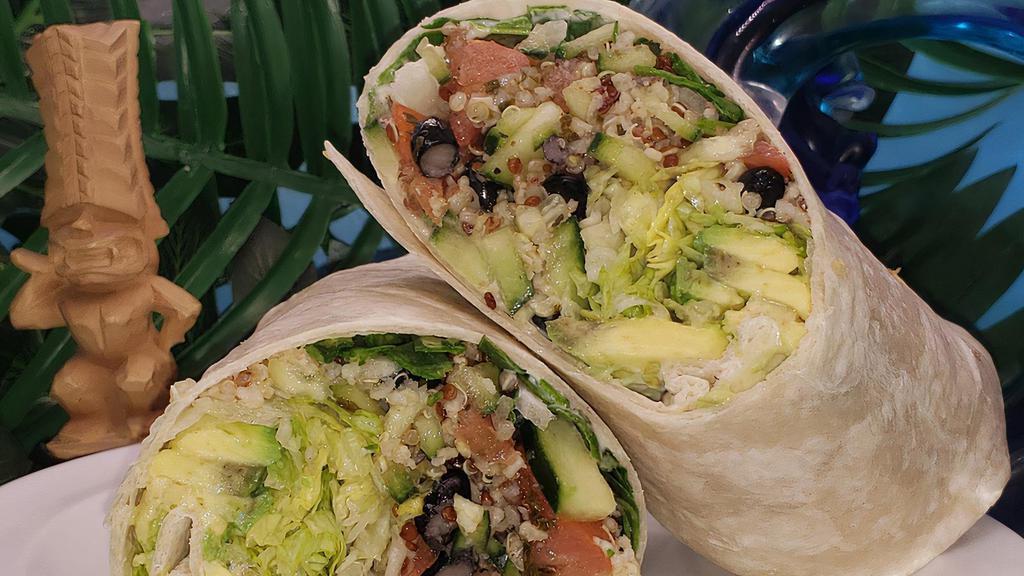Power Wrap  (Vegan) · Quinoa & black bean salad, avocado, spinach, tomato, cucumber, onion, shredded lettuce & vegenaise in a flour wrap.