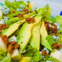 Blue Pear Salad · Romaine hearts, blue cheese crumbles, pear, avocado & sliced almonds with Italian dressing o...