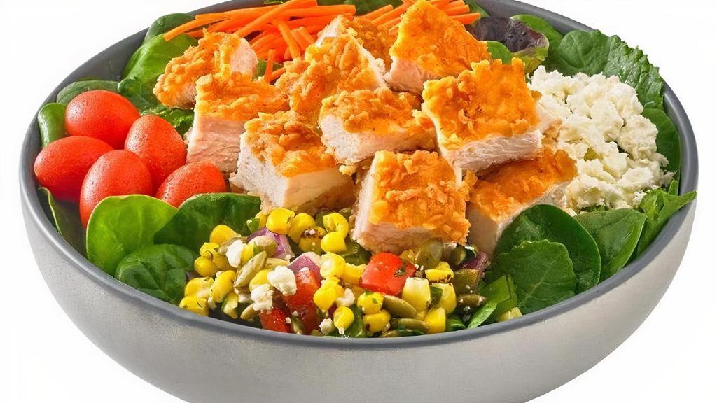 Chicken Breast Salad · Your choice of Campero Fried or Grilled Chicken, spring mix, roasted corn & peppers, shredded carrots, grape tomatoes, and feta cheese. Includes dressing.