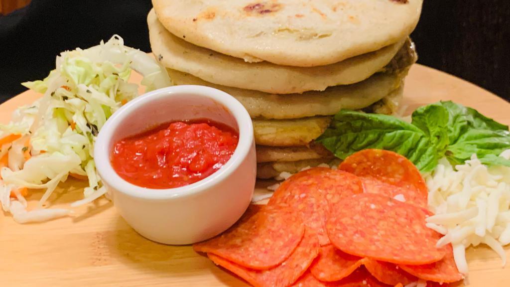 Pepperoni & Cheese Pupusa · Pepperoni and cheese that is served with a tasty marinara sauce
