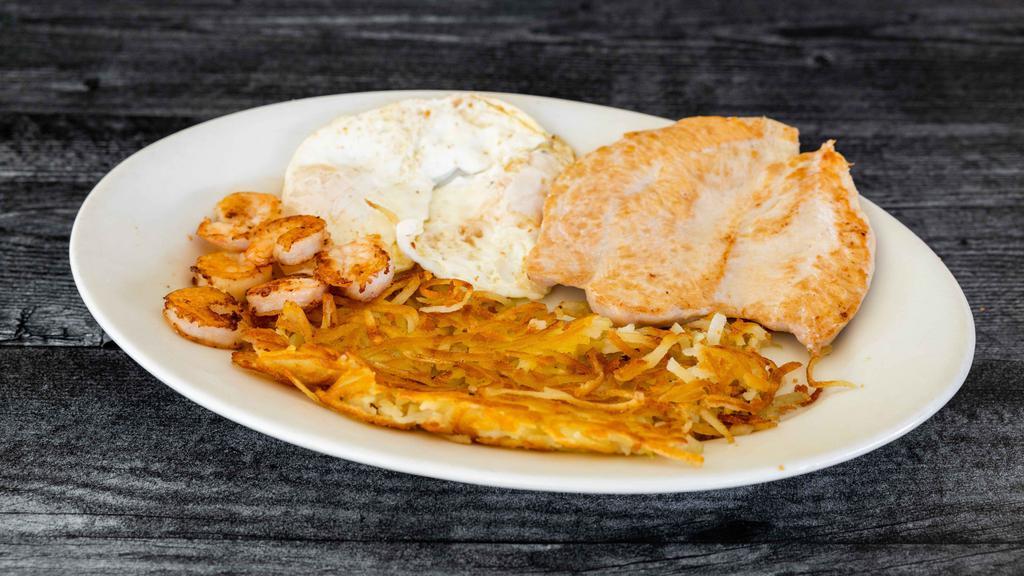 Mama's Choice · Grilled Chicken Breast, Grilled Shrimp (6), Two Eggs & Grits. 

Served w/ a choice of Wheat or White toast. 

Raisin, English Muffin, or Sourdough, add additional charge