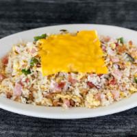 Kitchen Sink (Bacon, Ham, Bell Pepper & Onion w/ Cheese) · Diced Bacon, Ham, Bell Pepper & Onion scrambled with three Eggs, Hash browns & topped with A...
