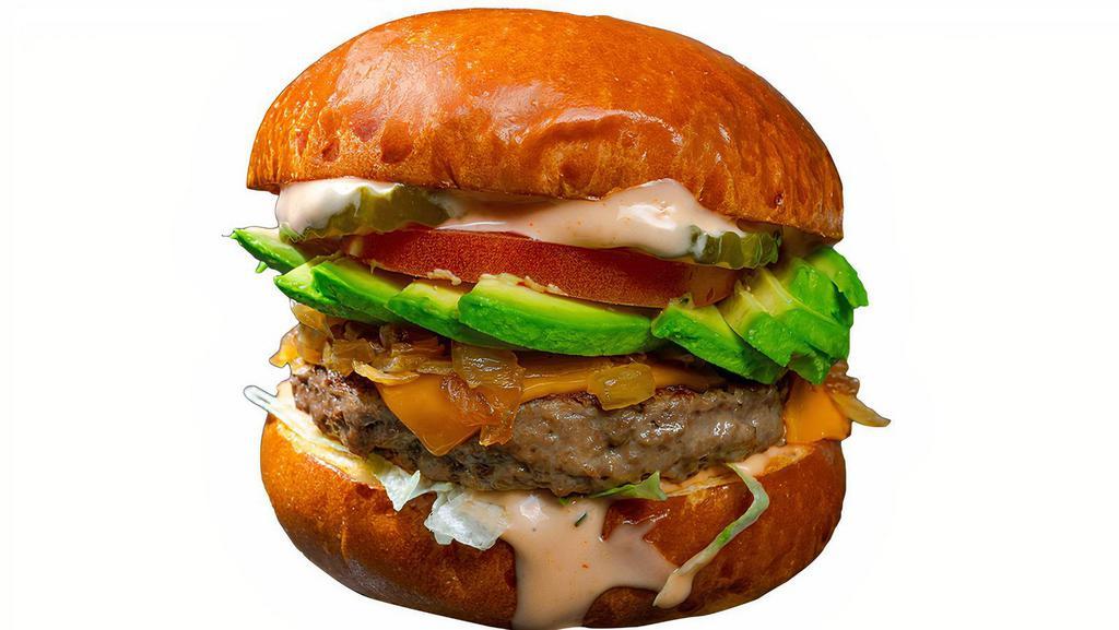 Avocado Burger · Avocado, Impossible patty, vegan cheese, grilled onions, 1000 island, pickles, tomato on an artisan brioche bun.