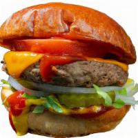 Classic Burger · Impossible patty, vegan cheese, raw onions, pickles, tomato, lettuce, ketchup, mustard on an...