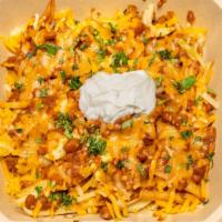 Chili Cheese Fries · Fries topped with house made chili, cheddar cheese and sour cream
