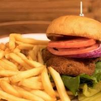 Fried Chicken Burger Meal · Chicken Breast Fried & Served on Brioche with French Fries.
